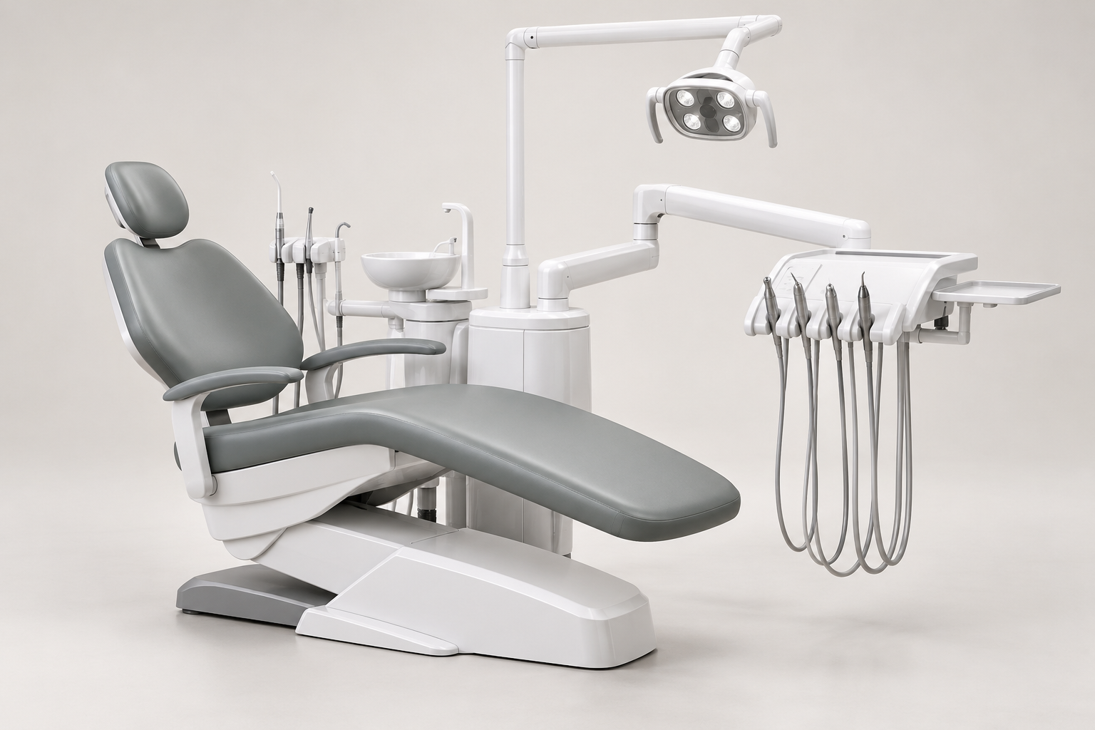 Generic dental treatment center with reclining patient chair, dentist delivery arm, assistant unit and operating light