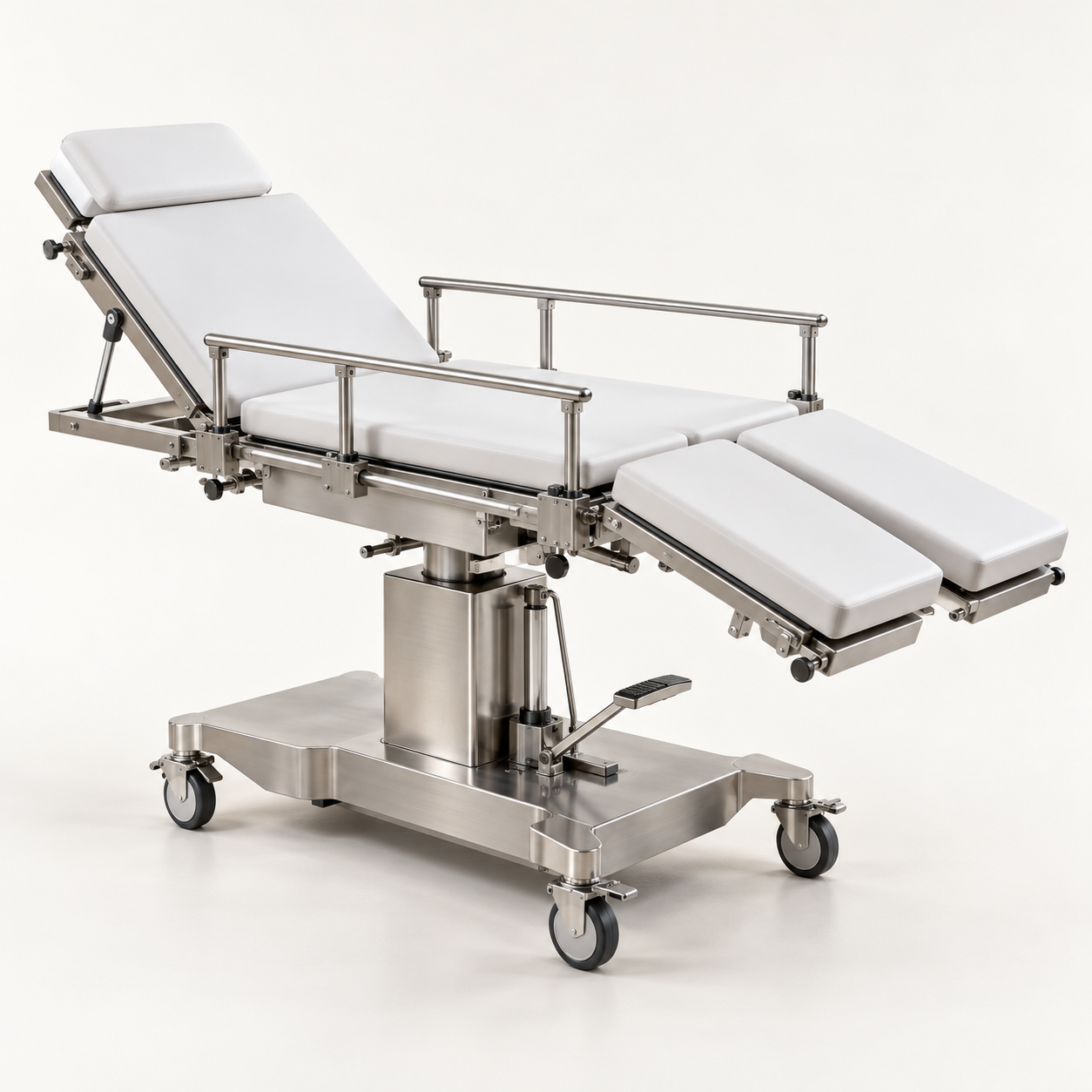 Multi-section hydraulic operating table with adjustable surgical surface and mobile base