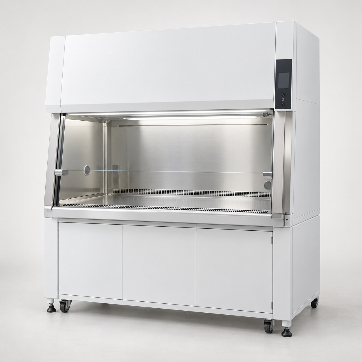 Class II A2 biological safety cabinet with clear front sash, stainless work chamber and base stand