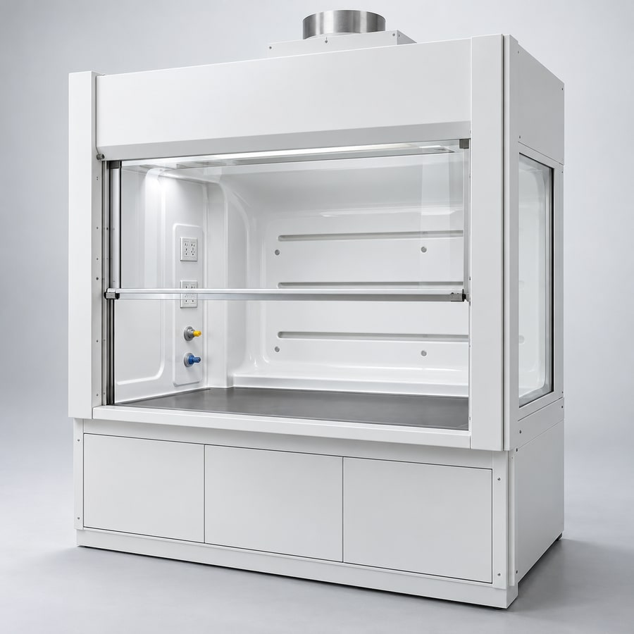 Laboratory fume hood enclosure with vertical sash and molded interior liner