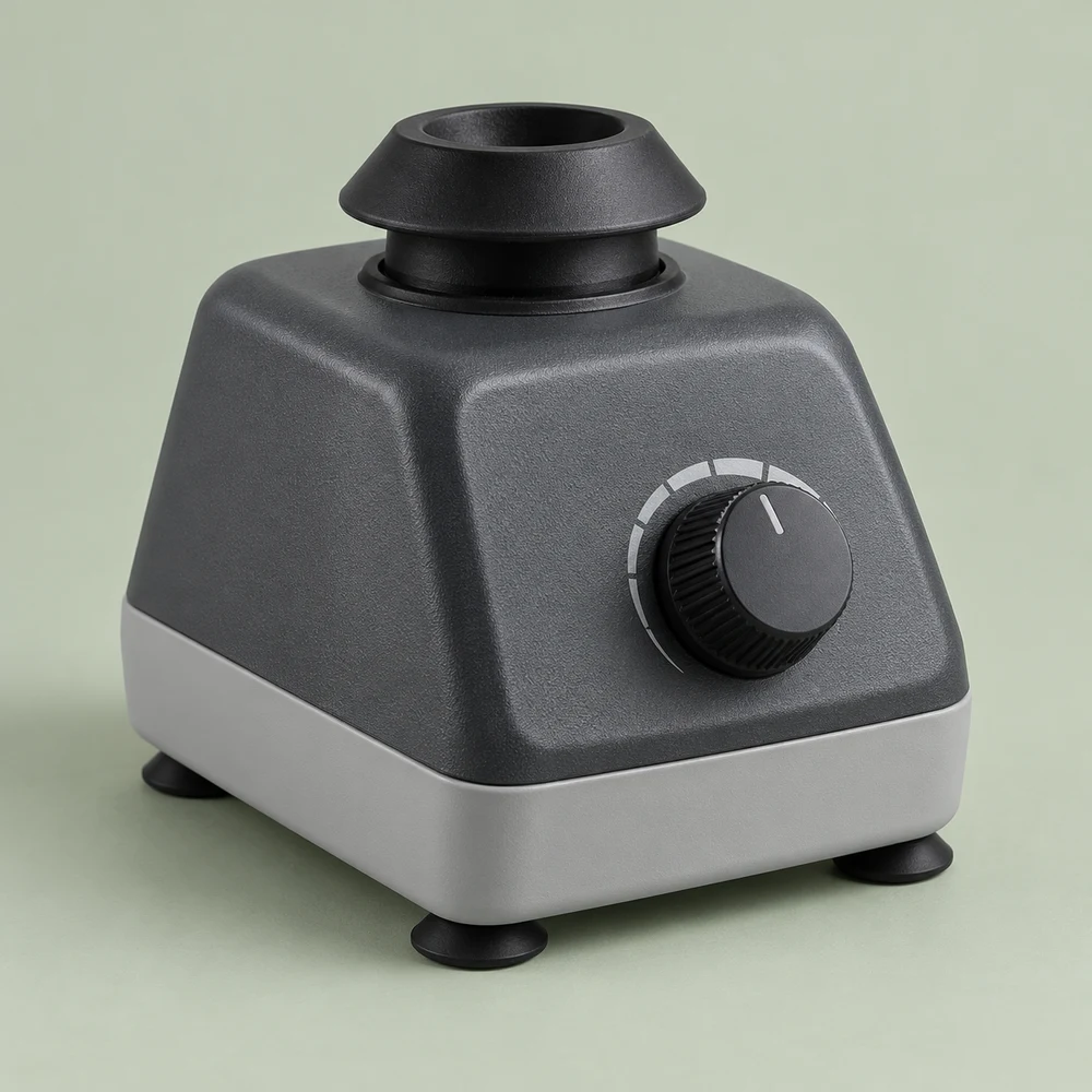Compact benchtop vortex mixer with rubber cup head and a front speed control