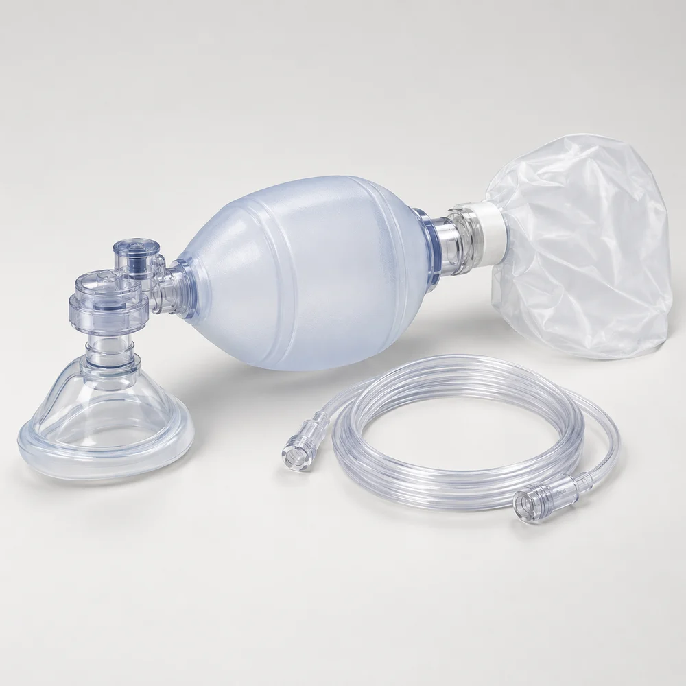 Reusable manual resuscitator with a paediatric face mask and oxygen reservoir