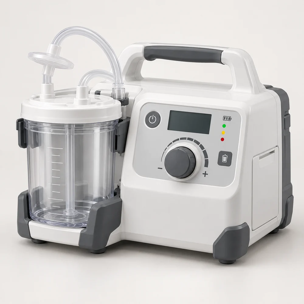 Compact portable medical suction unit with clear collection canister and tubing
