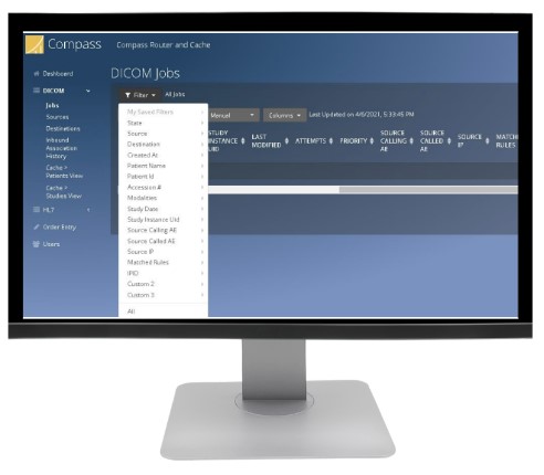 Laurel Bridge Compass DICOM Jobs software interface on a monitor illustration, official manufacturer product screenshot
