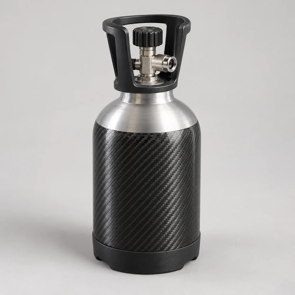 Short medical oxygen cylinder with a dark composite wrap and protective valve guard