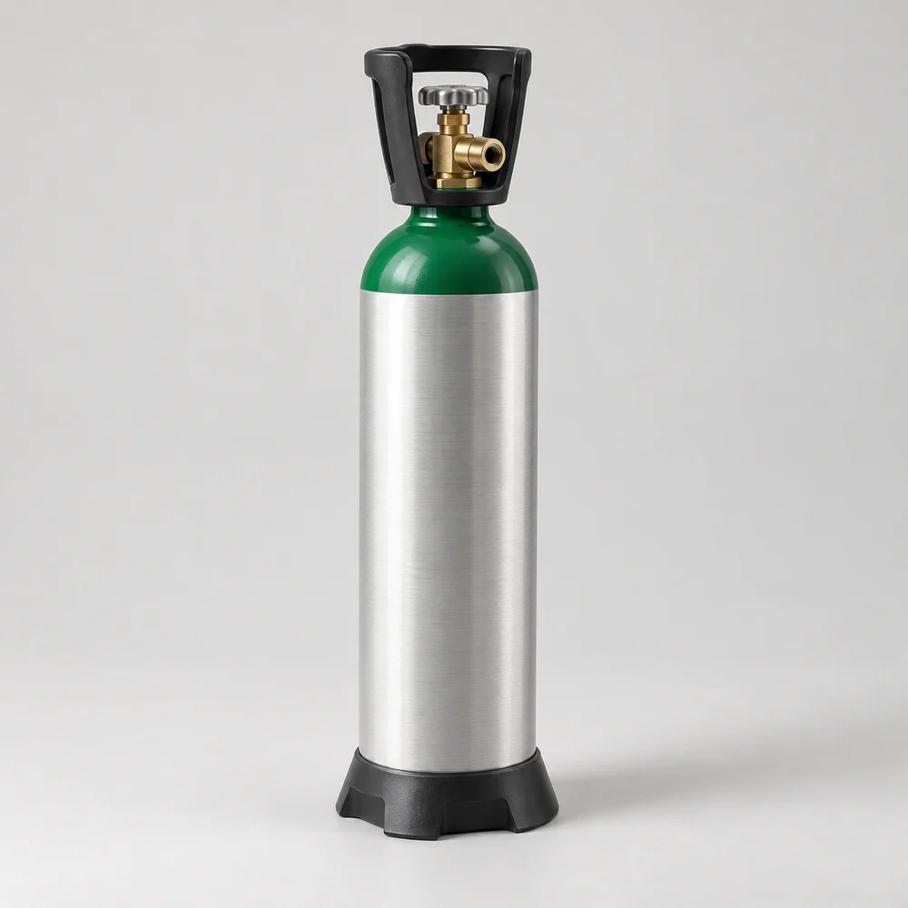 Compact upright medical oxygen cylinder with a silver body and protective valve guard