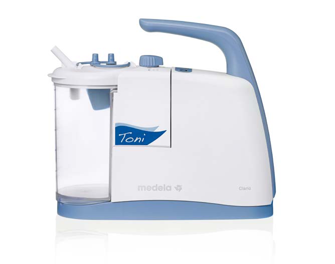 Medela Clario Toni portable airway suction pump with clear collection canister and blue carrying handle, manufacturer reference image