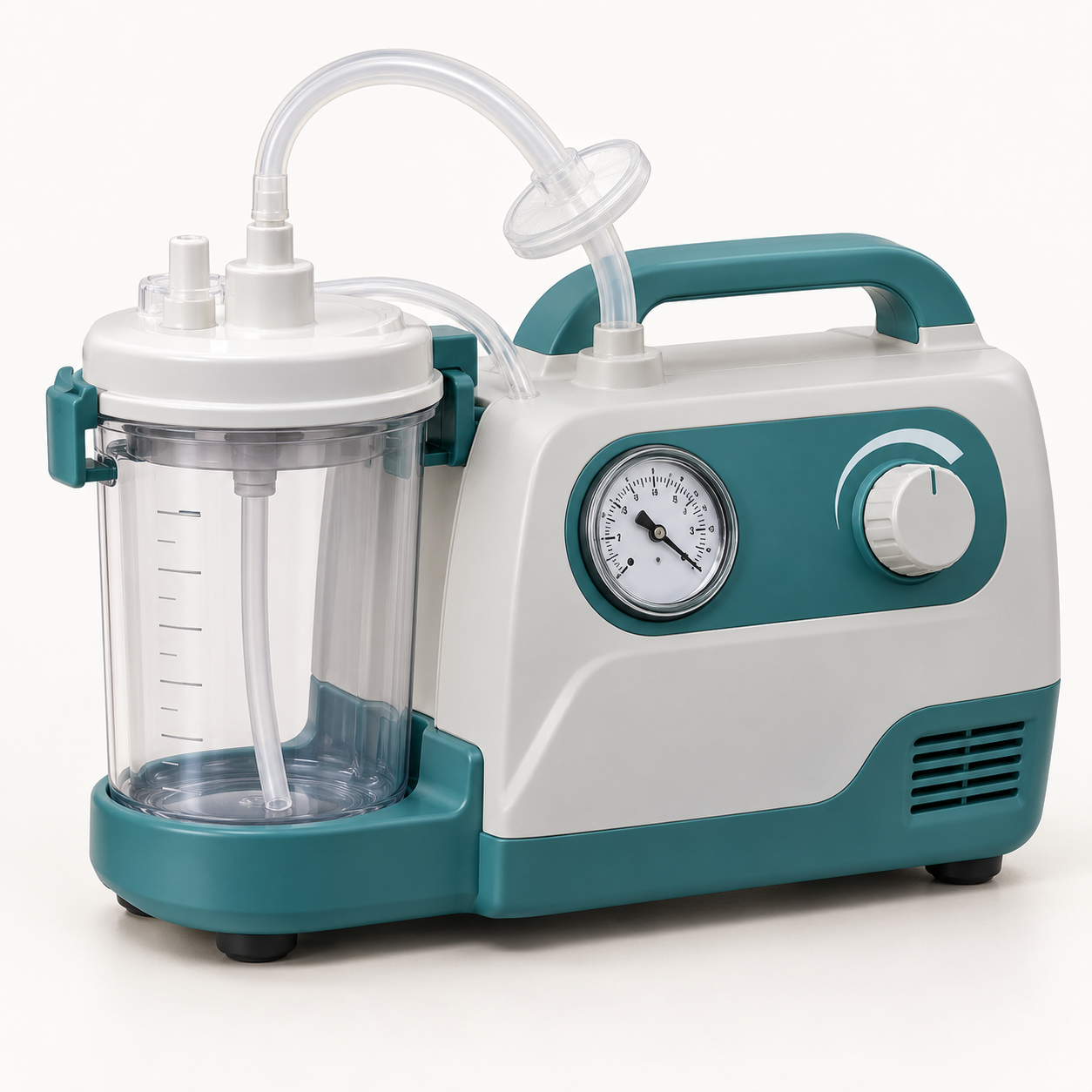 Generic compact portable medical suction pump with vacuum gauge, controls, clear collection jar and tubing