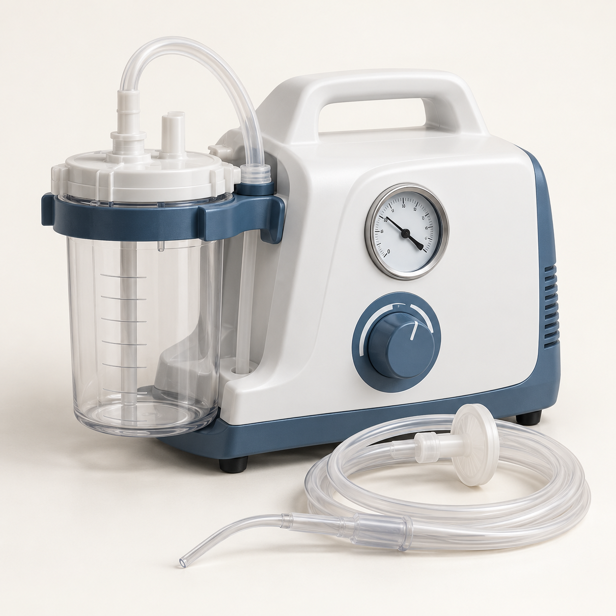 Generic compact portable medical suction pump with vacuum gauge, controls, clear collection jar and tubing