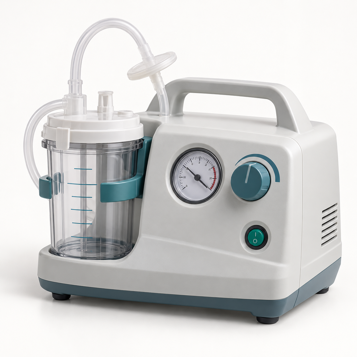 Generic compact portable surgical suction pump with gauge, controls, collection canister and tubing