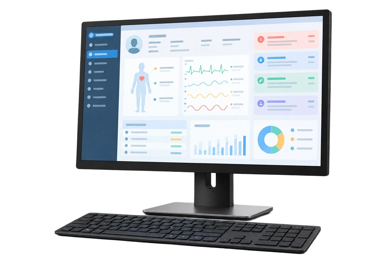 Clinical information workstation displaying an abstract patient-record dashboard