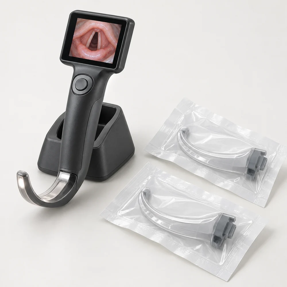 Handheld video laryngoscope with a compact display and separate blade packages