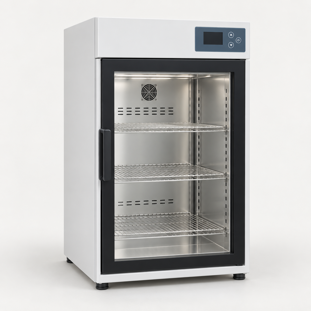 Laboratory incubator cabinet with glass-front door, internal shelves and digital controller