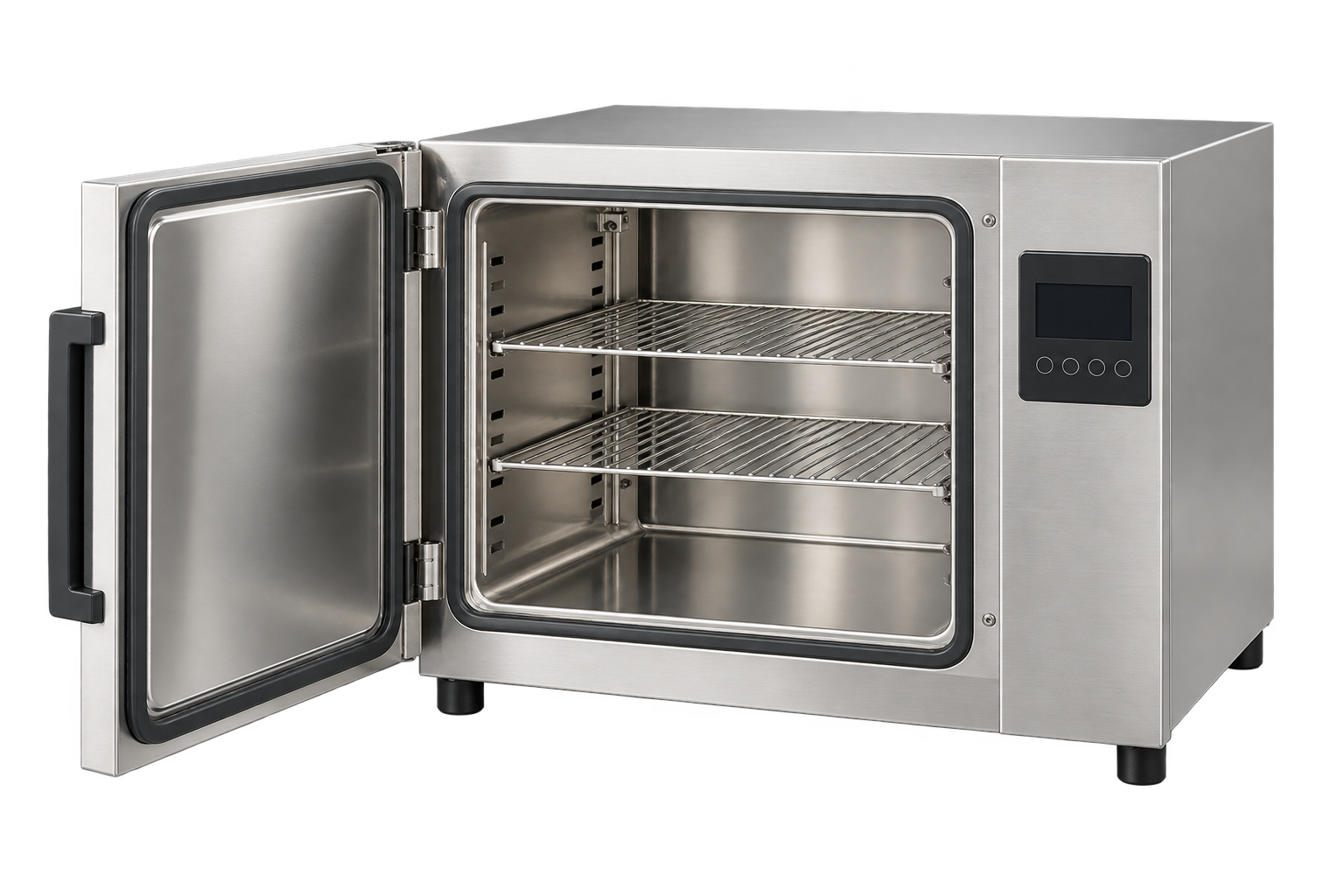 Stainless-steel benchtop laboratory drying oven with shelves and open door