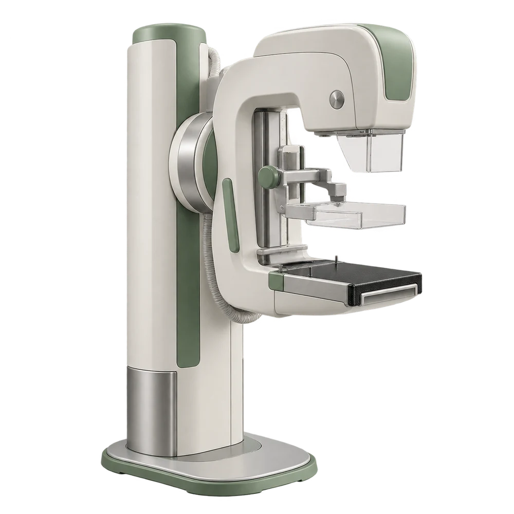 Analog mammography system with an upright C-arm, compression paddle and cassette tray