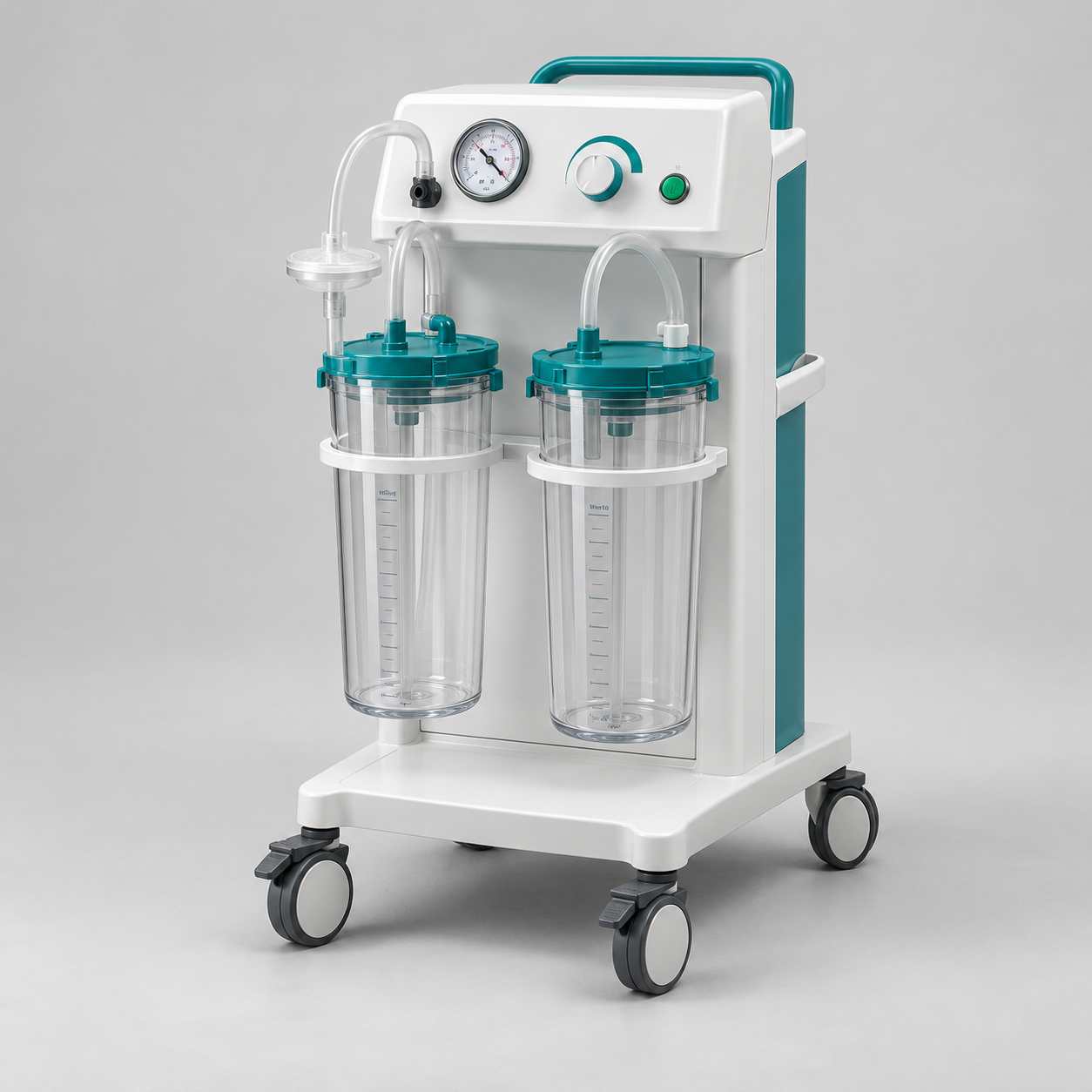 Medical suction unit on a trolley with a pressure gauge and twin transparent collection jars