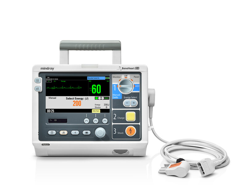 Mindray BeneHeart D3 manufacturer UK Platinum reference photograph; actual offered version and included accessories to confirm