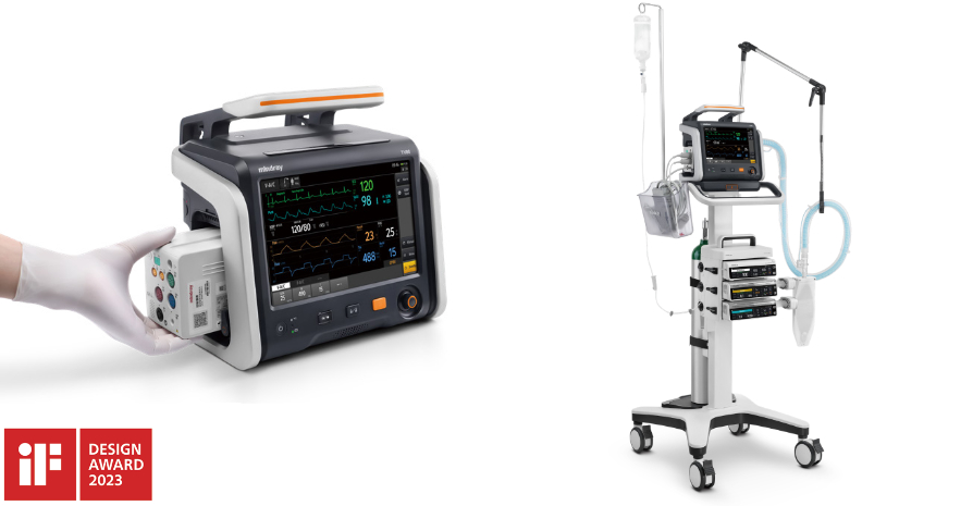 Mindray TV80 transport ventilator and representative modular transport platform, manufacturer image; supplied components to confirm