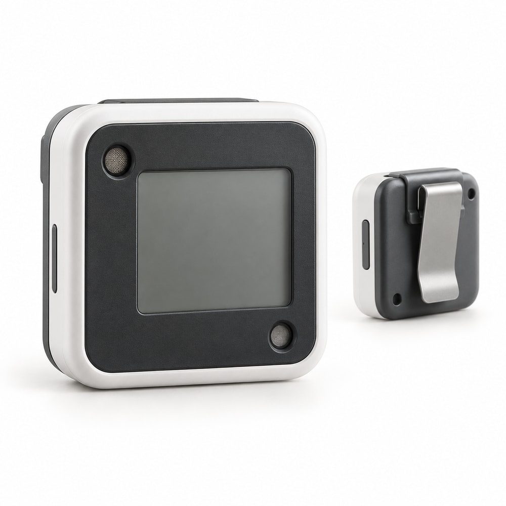 Compact electronic personal radiation dosimeter badge with a clip and neutral display.