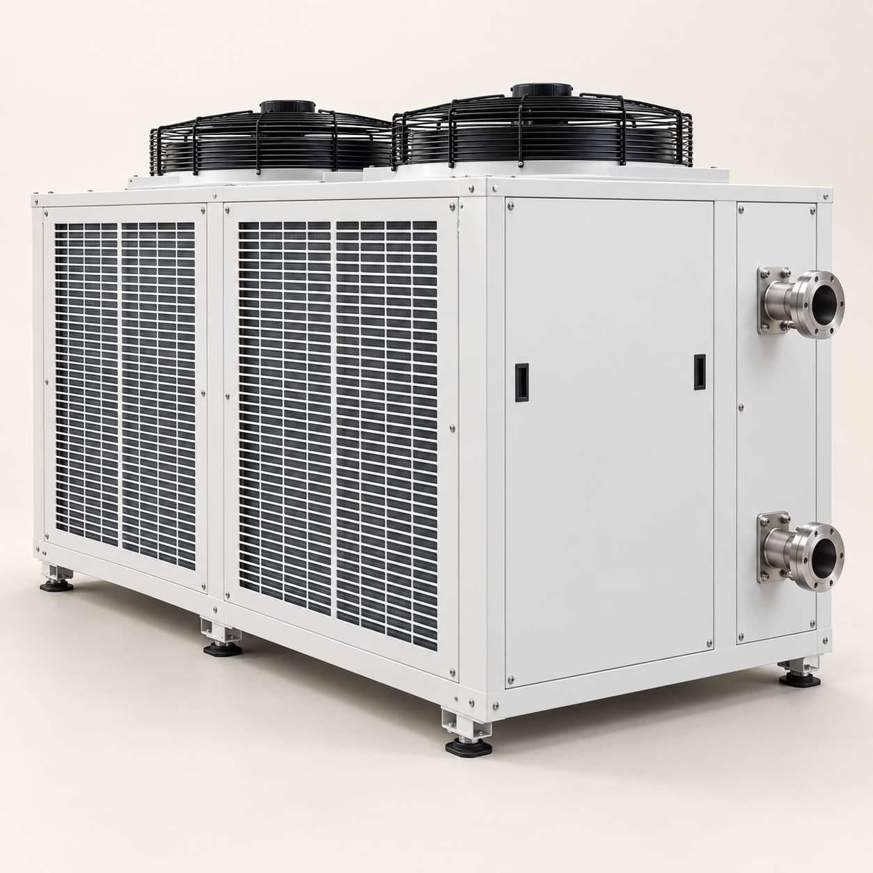 Outdoor air-cooled process chiller cabinet with condenser fans