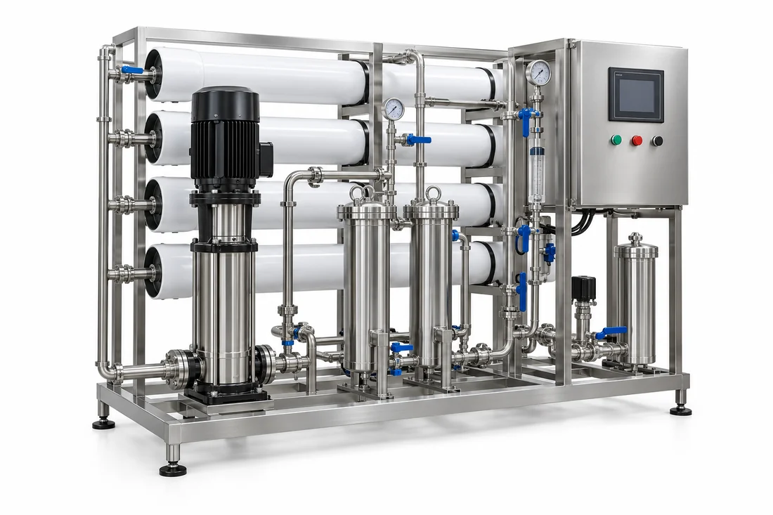 Stainless-steel reverse-osmosis water treatment skid with membrane housings, pipework and control panel
