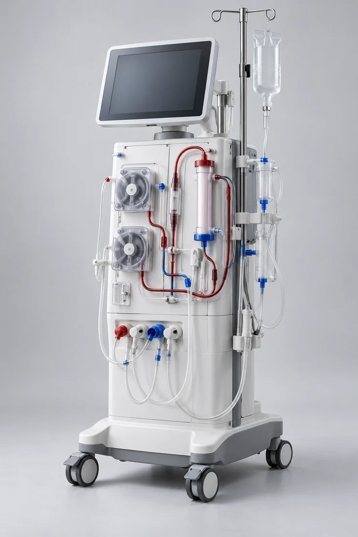 Haemodialysis machine on casters with a treatment display and visible fluid pathways