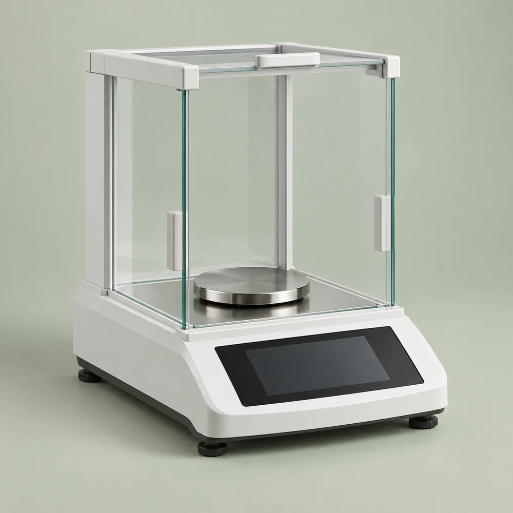 Analytical laboratory balance with glass draft shield, stainless weighing pan and front display