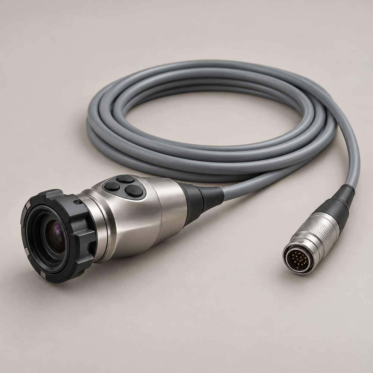 Ergonomic endoscopy camera head with attached cable and connector