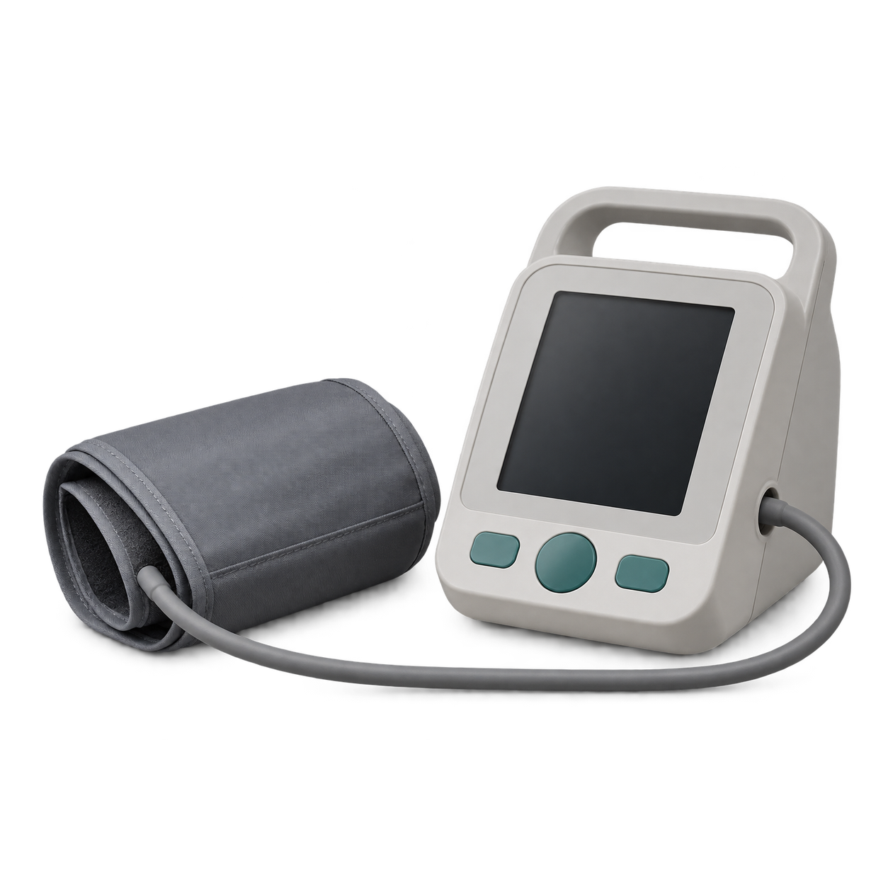 Portable upper-arm blood pressure monitor with a carrying handle and separate cuff