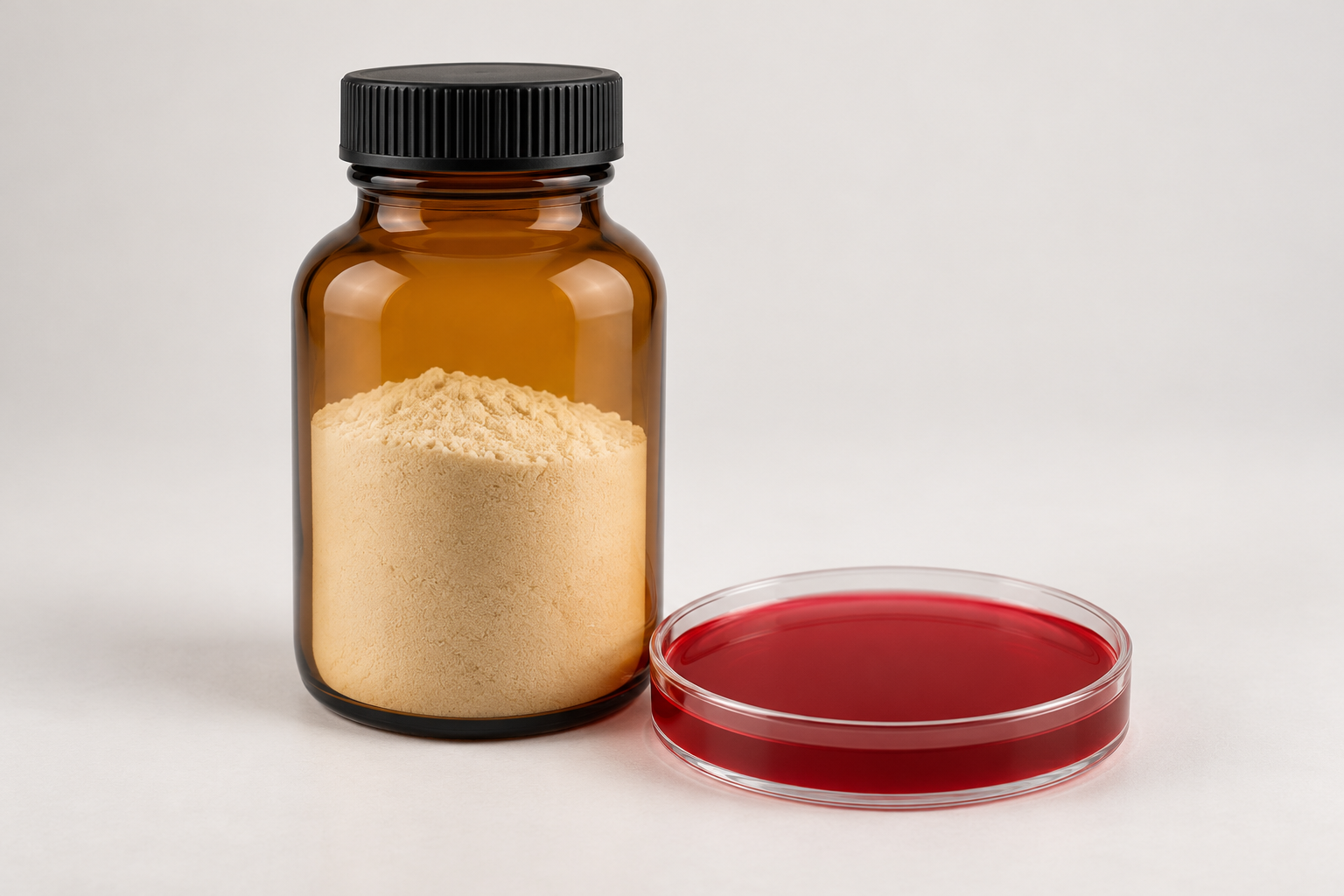 Bottle of dehydrated microbiology agar base beside a prepared agar plate