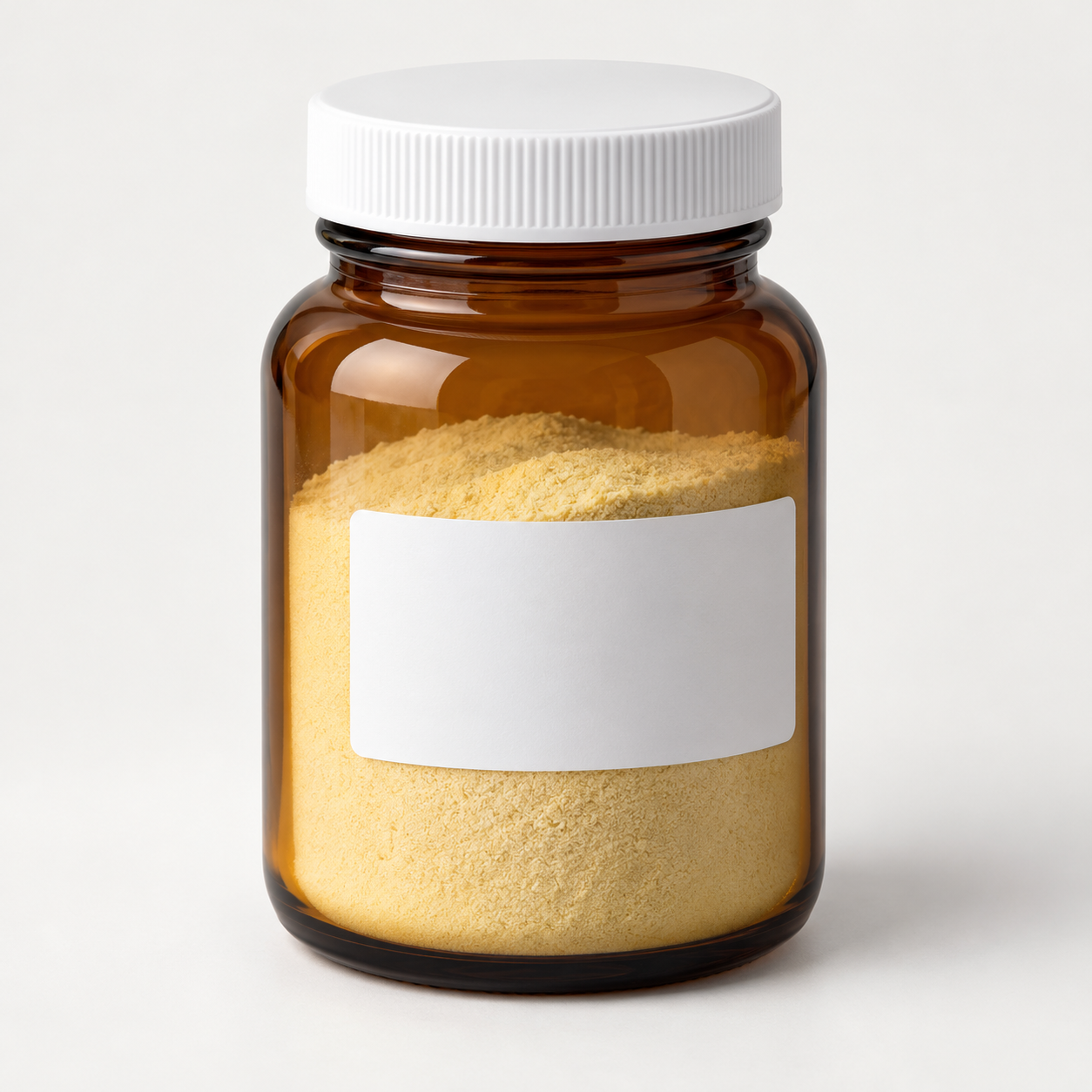 Amber laboratory jar containing dehydrated powdered culture medium