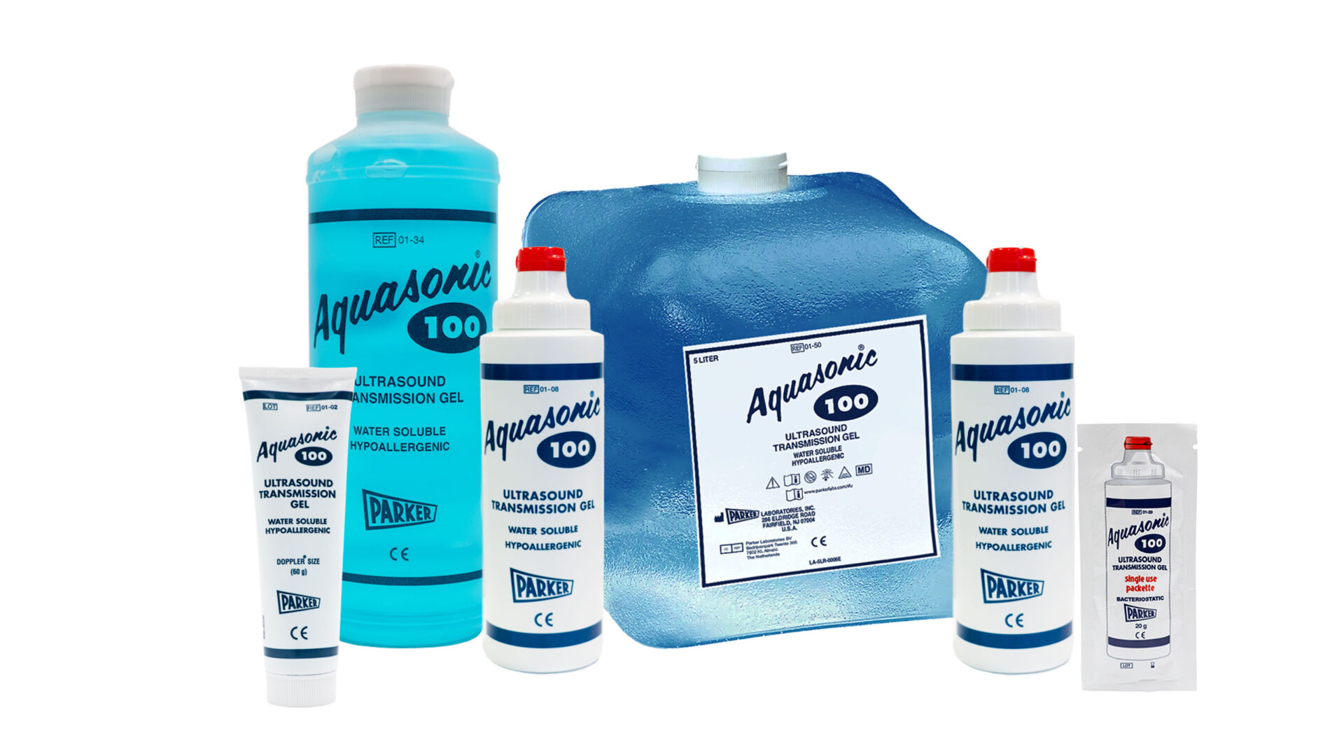 Parker Laboratories Aquasonic 100 gel product family, including the REF 01-08 dispenser