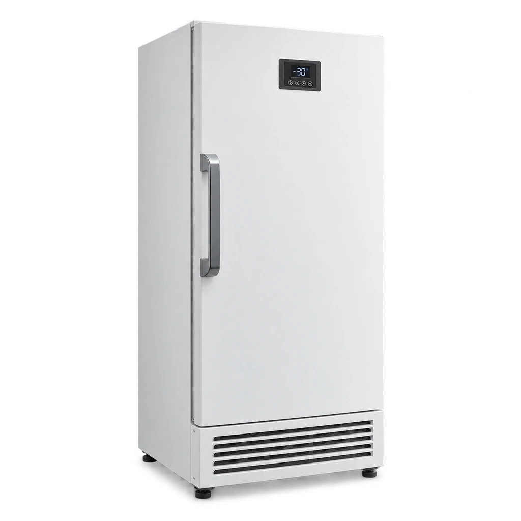 Upright single-door biomedical laboratory freezer with temperature display