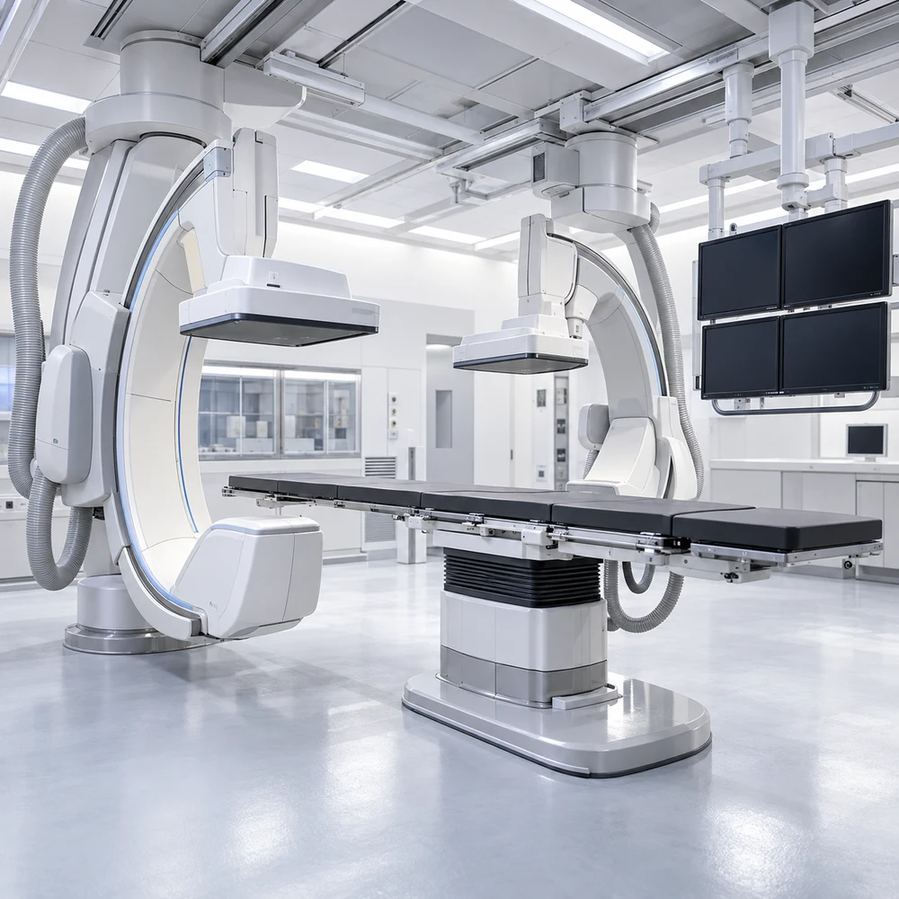 Fixed biplane fluoroscopy suite with two imaging gantries and patient table
