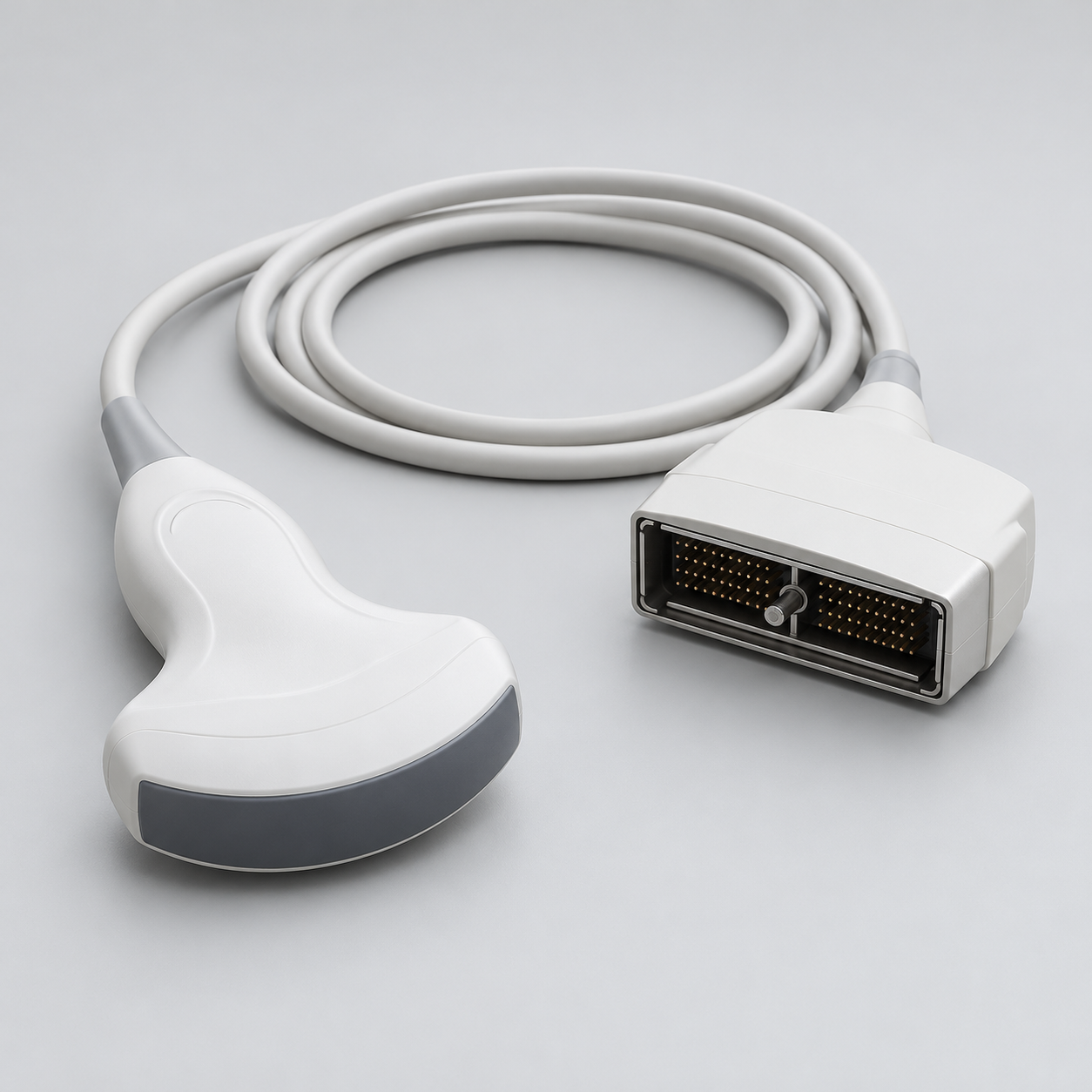 Curved-array ultrasound probe with attached cable and connector