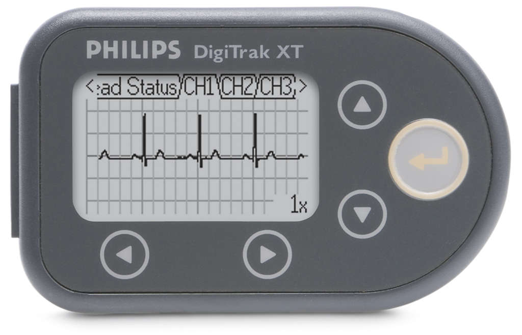 Philips DigiTrak XT Holter recorder, official product photograph; lead set and download system to confirm