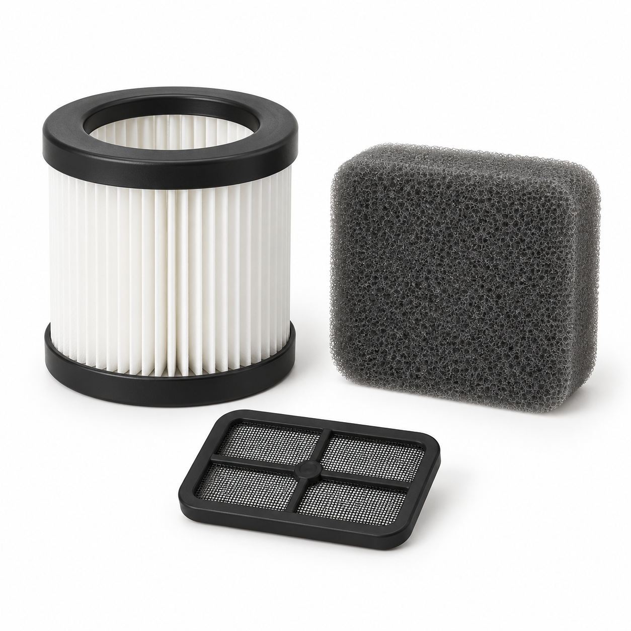 Oxygen concentrator inlet-filter replacement components with pleated, foam and mesh media