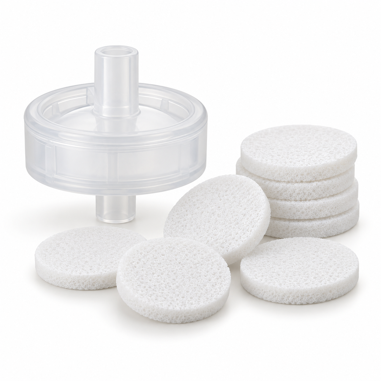 Several porous microdisk filter elements beside a transparent circular filter holder