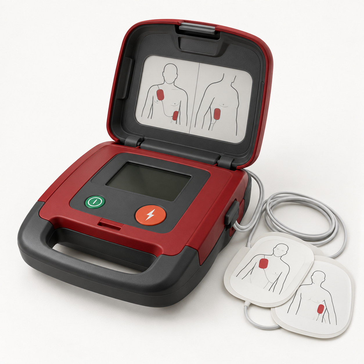 Generic compact professional automated external defibrillator with LCD display and electrode cable, no Philips-specific marks