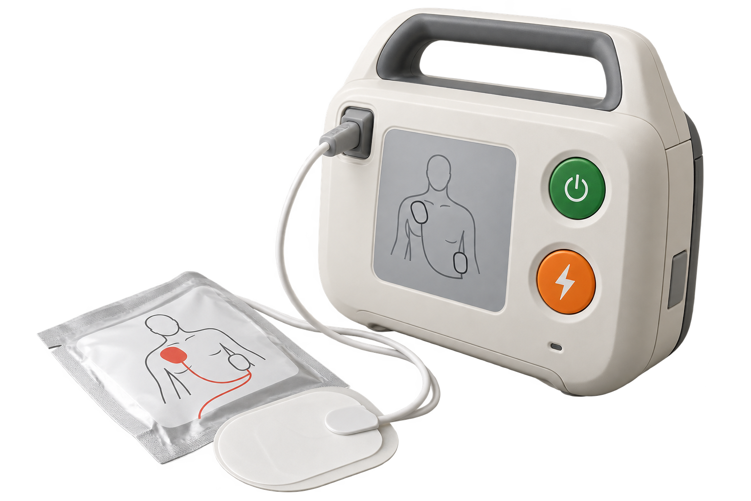 Compact automated external defibrillator with response controls, cable and electrode pads