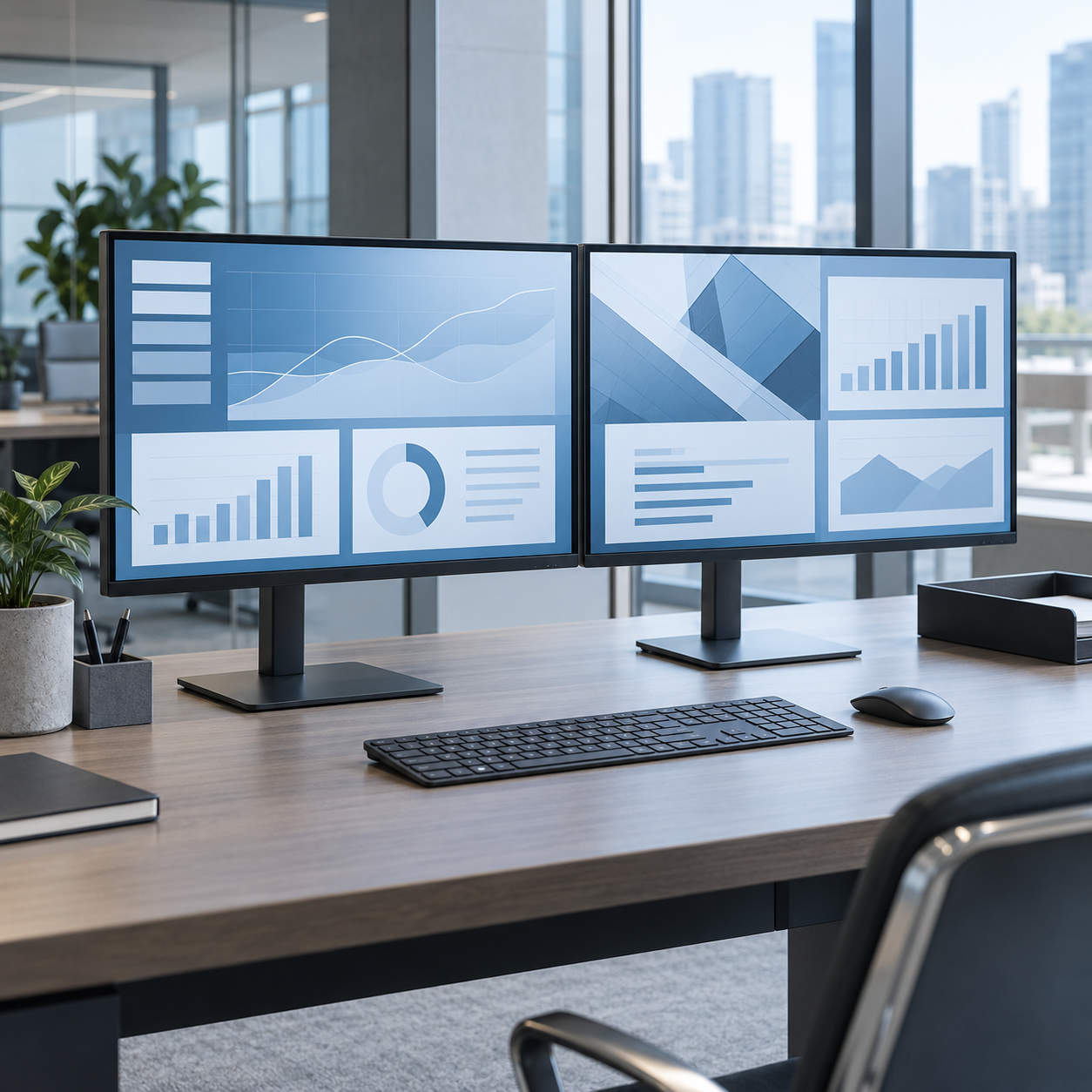 Dual-monitor viewing workstation with abstract grayscale image panels