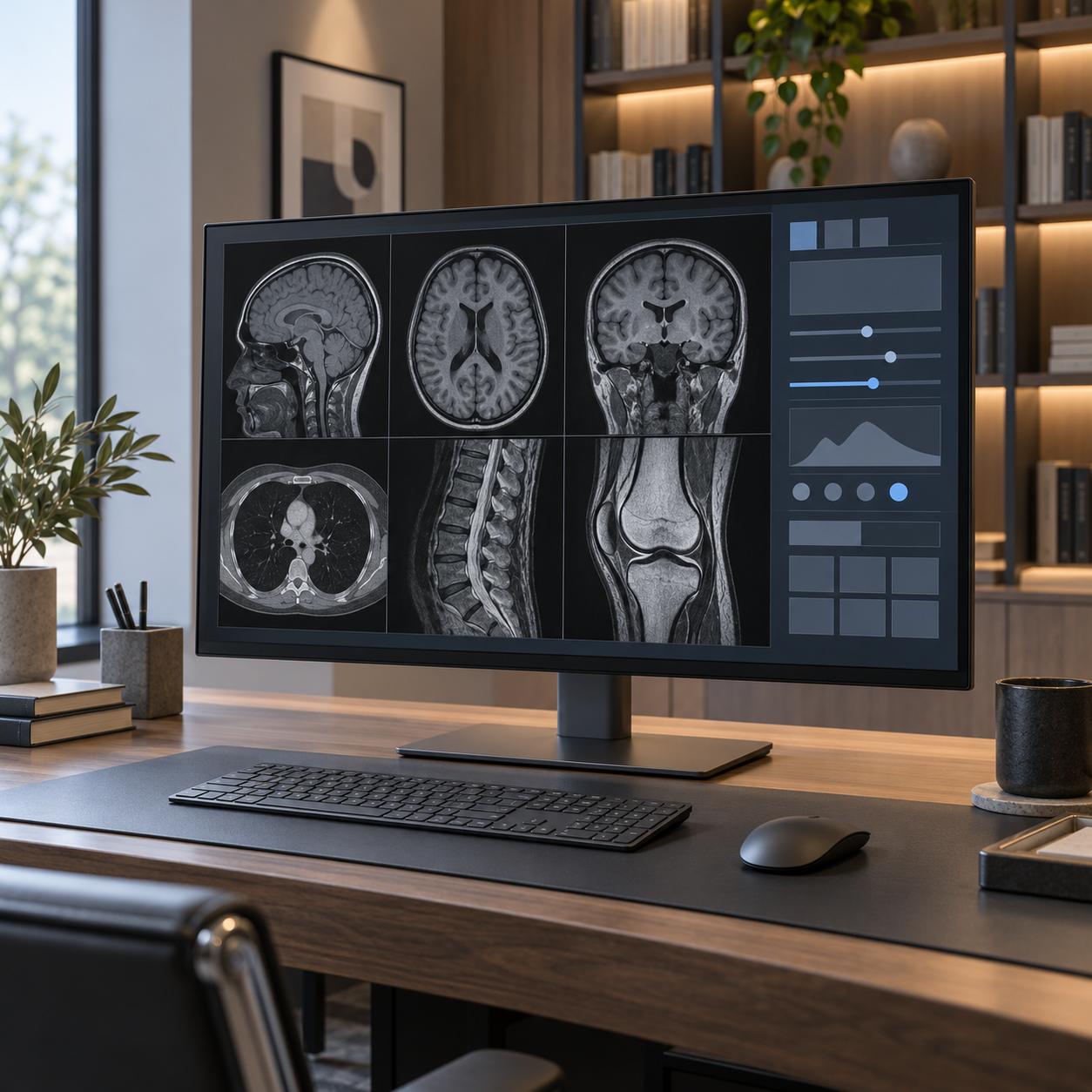 Radiology workstation displaying an abstract grayscale imaging workspace