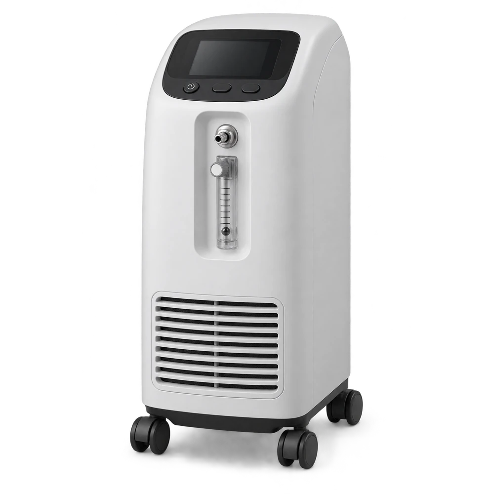 Stationary oxygen concentrator with front display and caster base