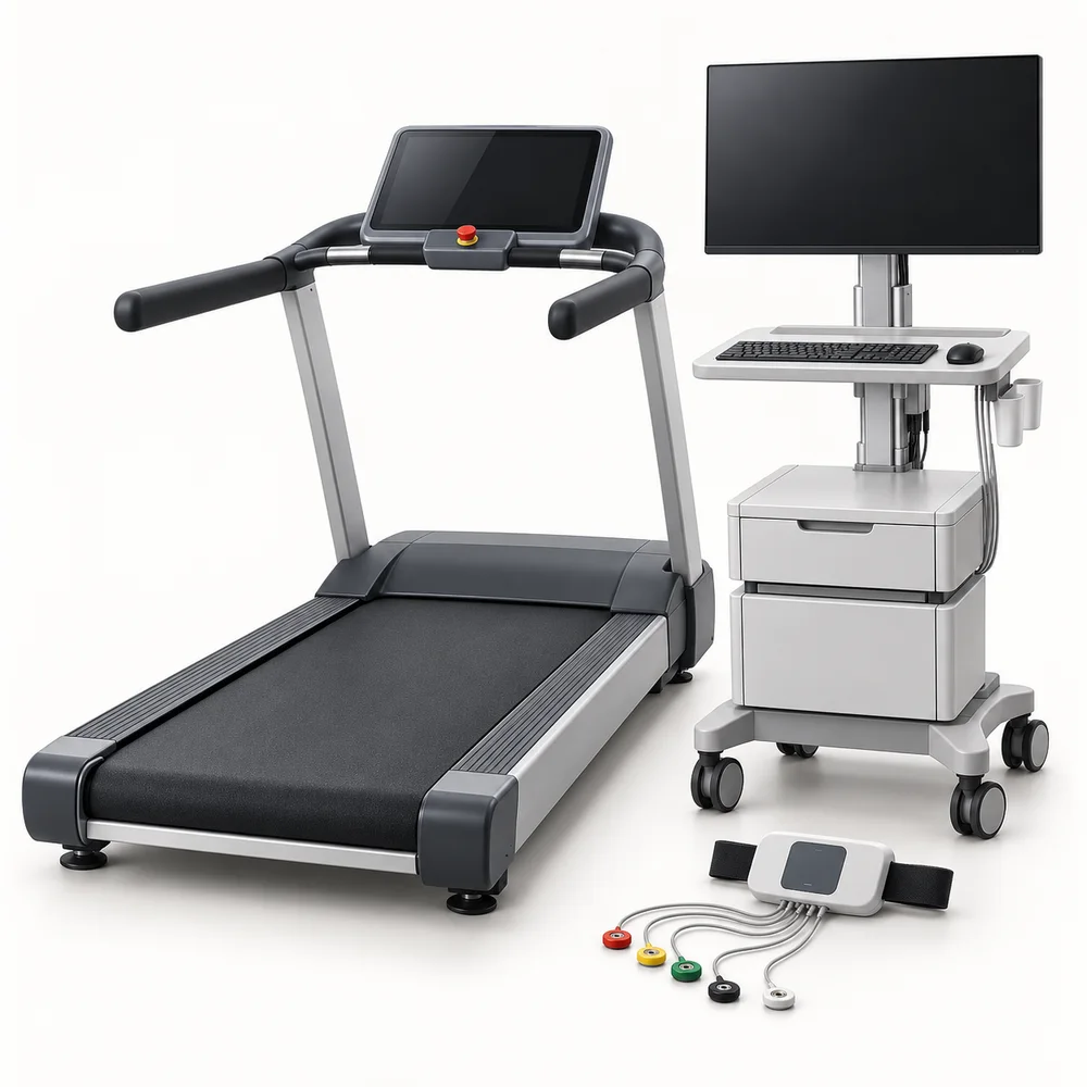Cardiac stress testing workstation with exercise treadmill
