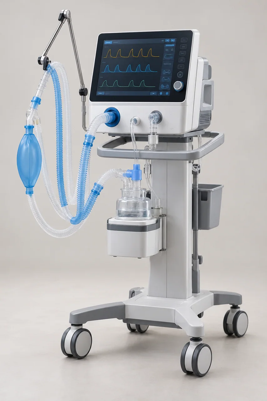 Portable hospital ventilator on transport trolley