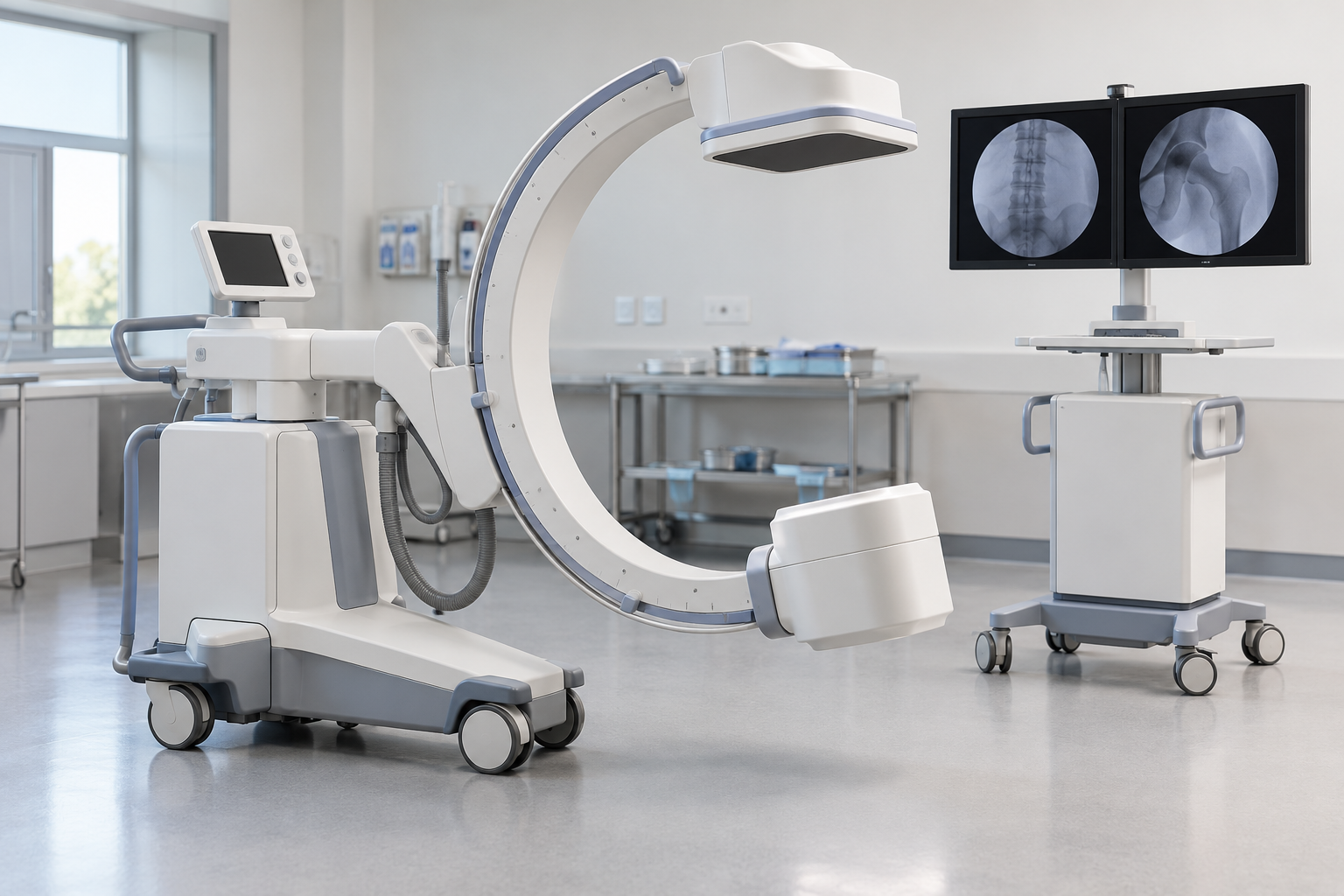 Generic mobile C-arm fluoroscopy system with flat detector and monitor stand