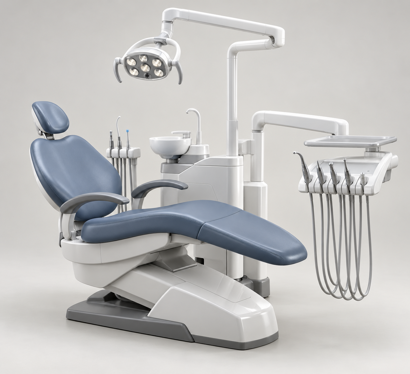 Dental treatment unit with upholstered patient chair, delivery arm and operating light