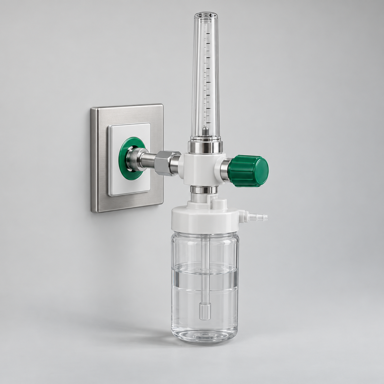 Wall-mounted oxygen flowmeter with a vertical clear flow tube, control knob and humidifier bottle
