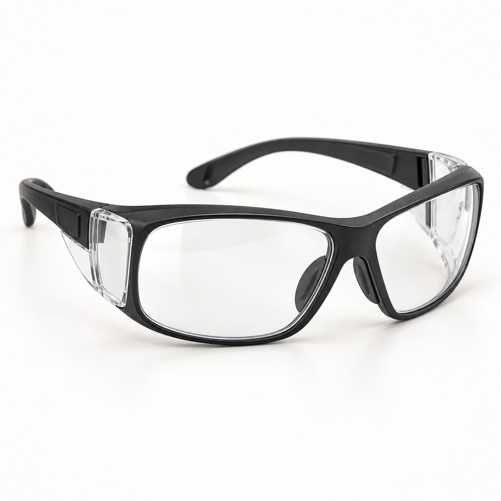 Black wraparound radiation-protective glasses with clear lenses and side shields.
