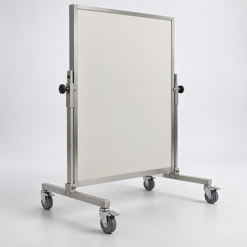 Mobile x-ray radiation barrier with an adjustable panel, metal base and lockable casters.